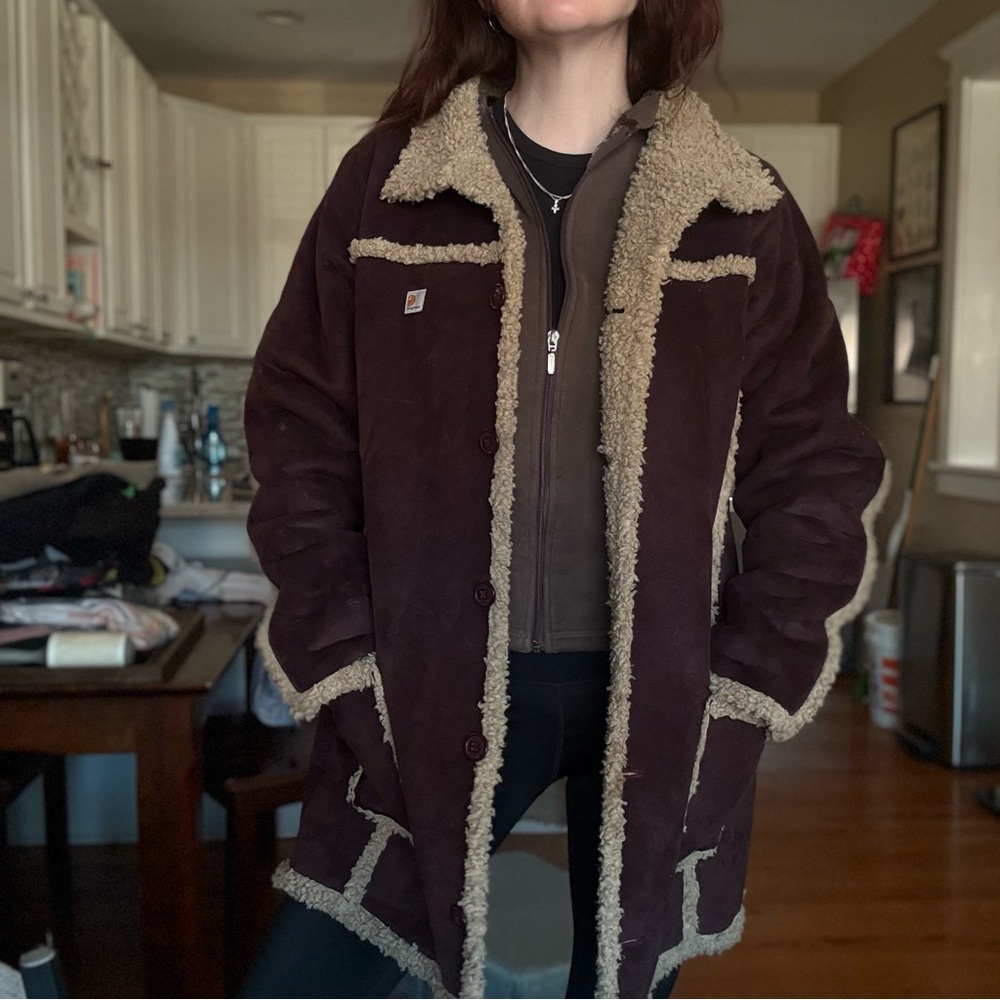 Carhartt Sherpa Shearling Trim Barn Coat Womens S / Girls L Brown Ranch Workwear - Picture 2 of 10